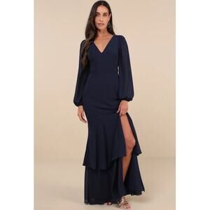 Lulu's Navy Long Sleeve V-Neck Maxi Dress with Side Slit